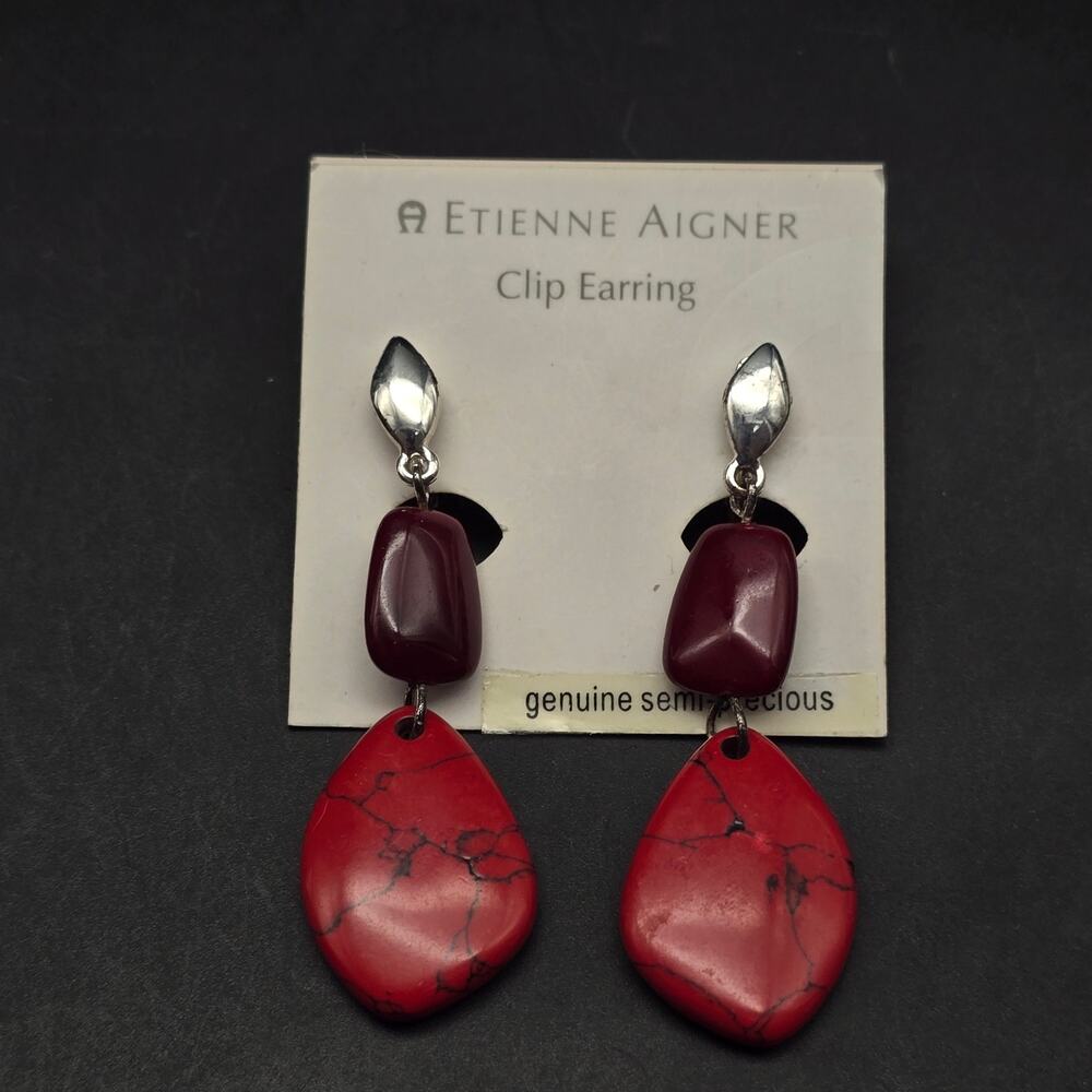 Etienne Aigner Red Jasper Clip On Earrings NOS On Card